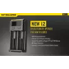 Batterieladegerät Nitecore NEW i2 — 2-Schacht-Ladegerät für LiFePO4, Li-Ion, NiMH; Eingang 100–240V; Ausgang 9–12V; unterstützt AAAA/C/D/AAA/AA; schwarz