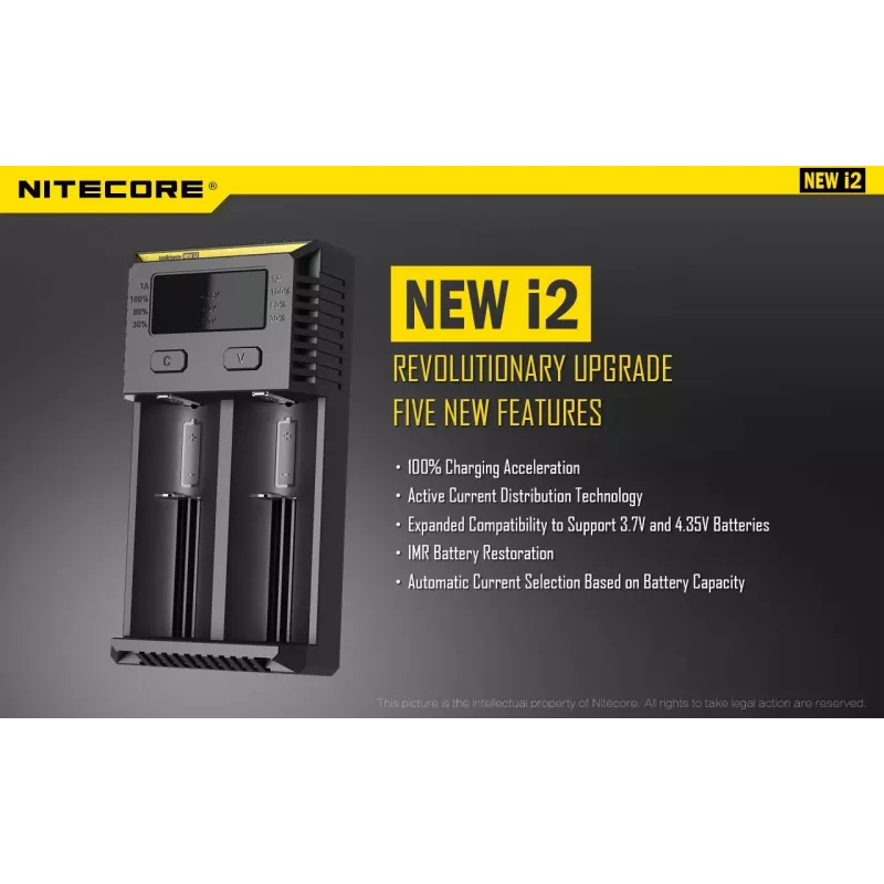 Batterieladegerät Nitecore NEW i2 — 2-Schacht-Ladegerät für LiFePO4, Li-Ion, NiMH; Eingang 100–240V; Ausgang 9–12V; unterstützt AAAA/C/D/AAA/AA; schwarz