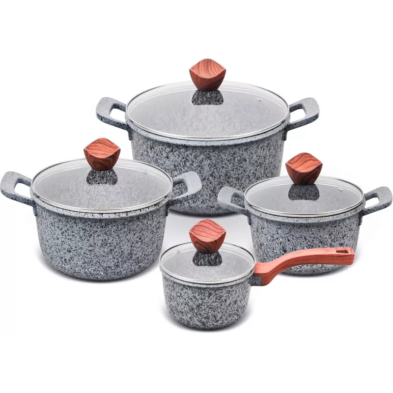 PROMIS Granit-Topfset, Kochtopf 16 cm, Töpfe 20, 24, 28 cm, braune Griffe