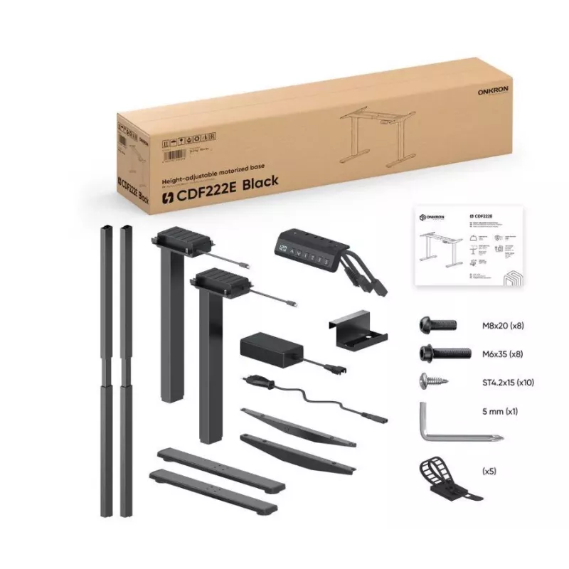 Elektrisches Stehtischgestell ONKRON CDF222E-B, 2-beinig, schwarz, 100 kg Tragfähigkeit, Breite 100–170 cm, Mindesthöhe 73 cm