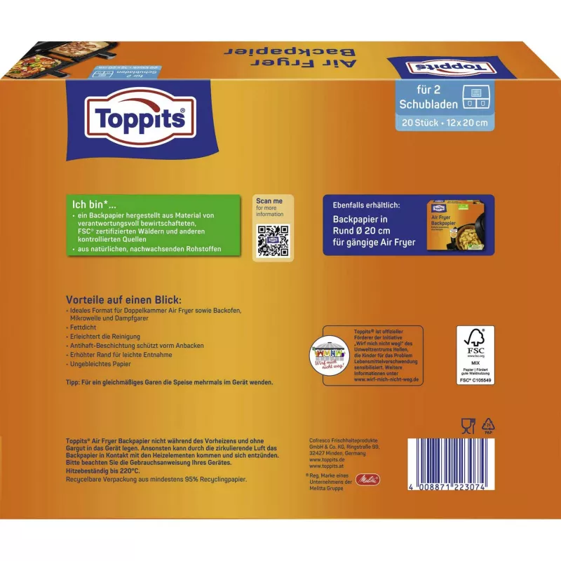 Toppits Backpapier für die Heißluftfritteuse (12x20cm)