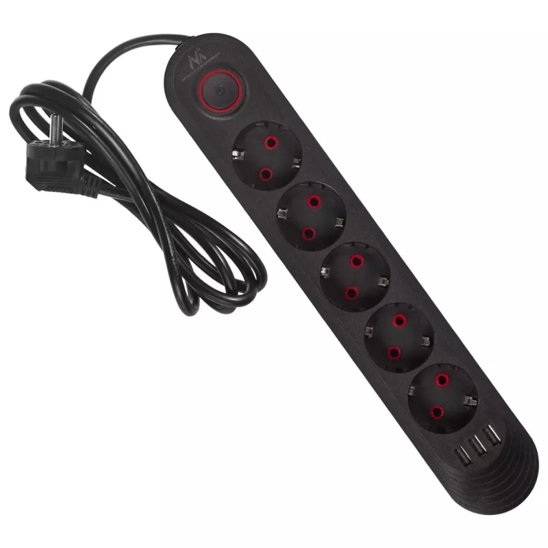 Steckdosenleiste MACLEAN MCE395 B — 5 Steckdosen, 3×USB, 110–240V AC, 2,1A USB, 2500W, 1,5 m Kabel, schwarz