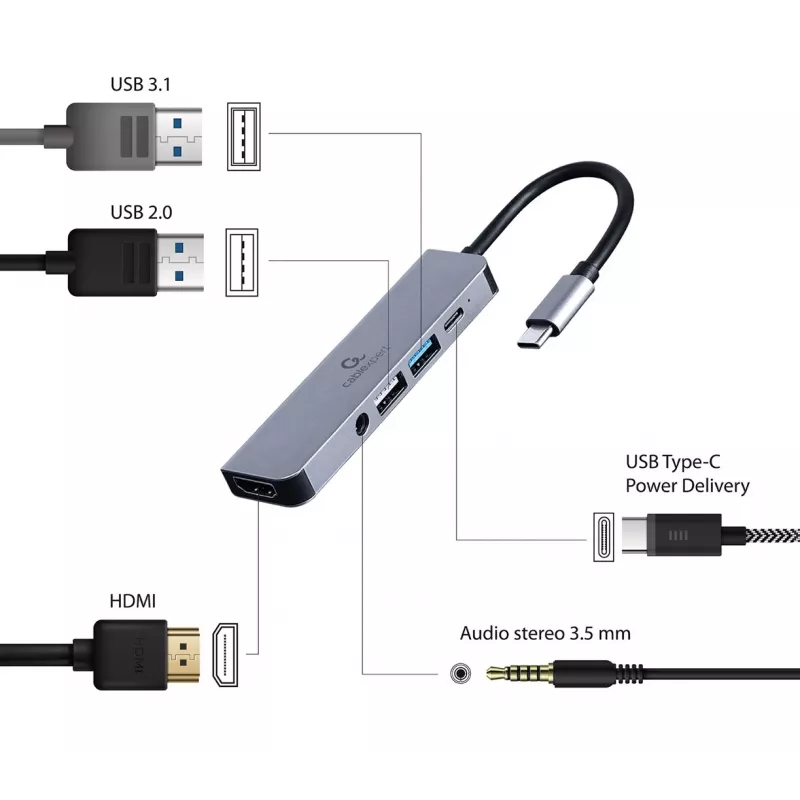Gembird A-CM-COMBO5-02 Laptop-Dock/Port-Replikator Kabelgebunden USB 3.2 Gen 1 (3.1 Gen 1) Type-C Silber