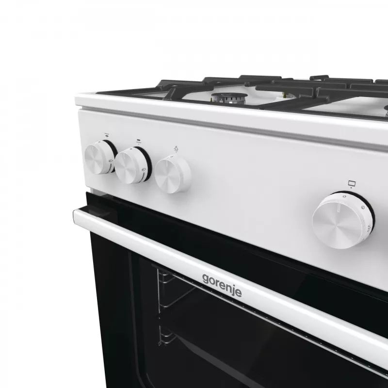 Freistehender Gasherd Gorenje GG6A10WFFM, weiß, 4-Flammen-Kochfeld, 72 L Gasbackofen, Drehregler vorne