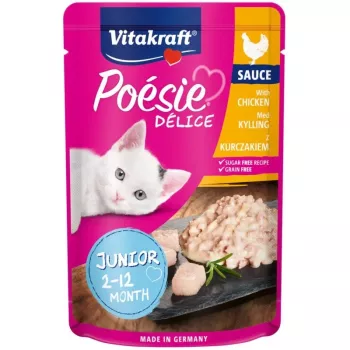 Nassfutter für Katzen Vitakraft Poésie Délice Junior — Huhn, 85 g Beutel, Protein 8,5 %, Fett 5 %, Feuchtigkeit 84 %