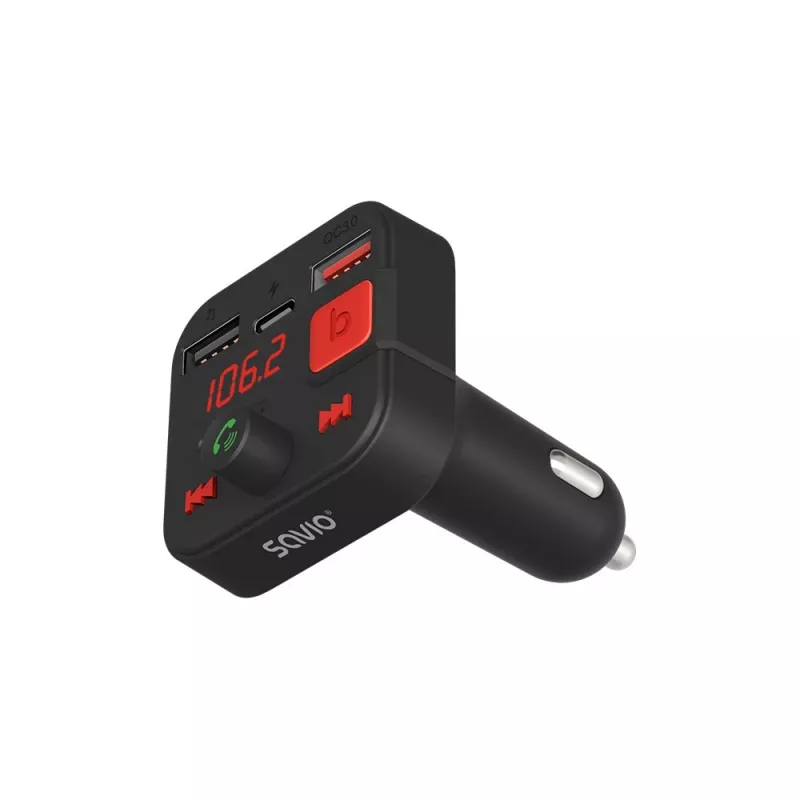 SAVIO FM-Sender, Bluetooth 5.3, QC 3.0-Ladegerät, LED-Display, Bass Boost, TR-15, schwarz