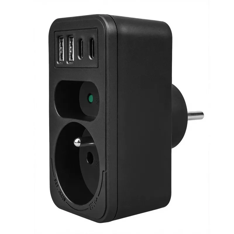 Power Splitter MACLEAN MCE249 F/B – 2 AC-Steckdosen (16A + 6A) mit 2×USB-A und 2×USB-C PD 20W, EU-Stecker, schwarz