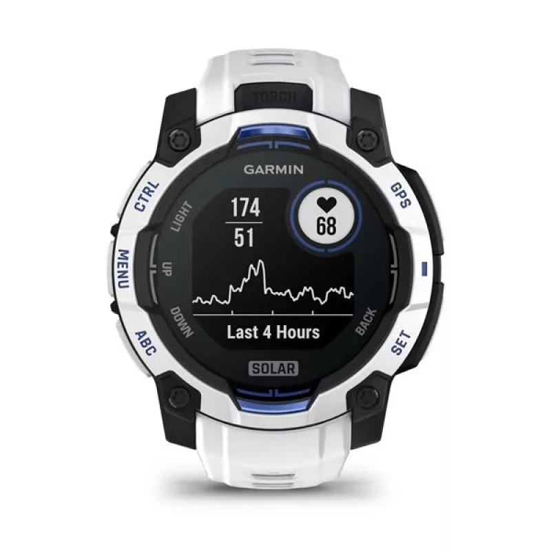 Smartwatch GARMIN Instinct 2 45 mm, MIP 0,9 Zoll (176×176), GPS, Solar, Silikonarmband Blau/Weiß