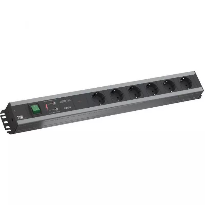 Stromverteilereinheit Bachmann 300.012, PDU Basic, 6 AC-Ausgänge, 2HE, 2 m Kabel, Schwarz/Grau