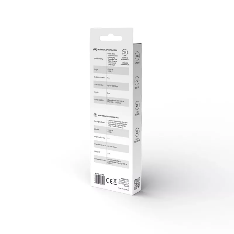 USB 2.0-Kabel SAVIO CL-168, USB A (Stecker) auf USB C (Stecker), 3 m, weiß