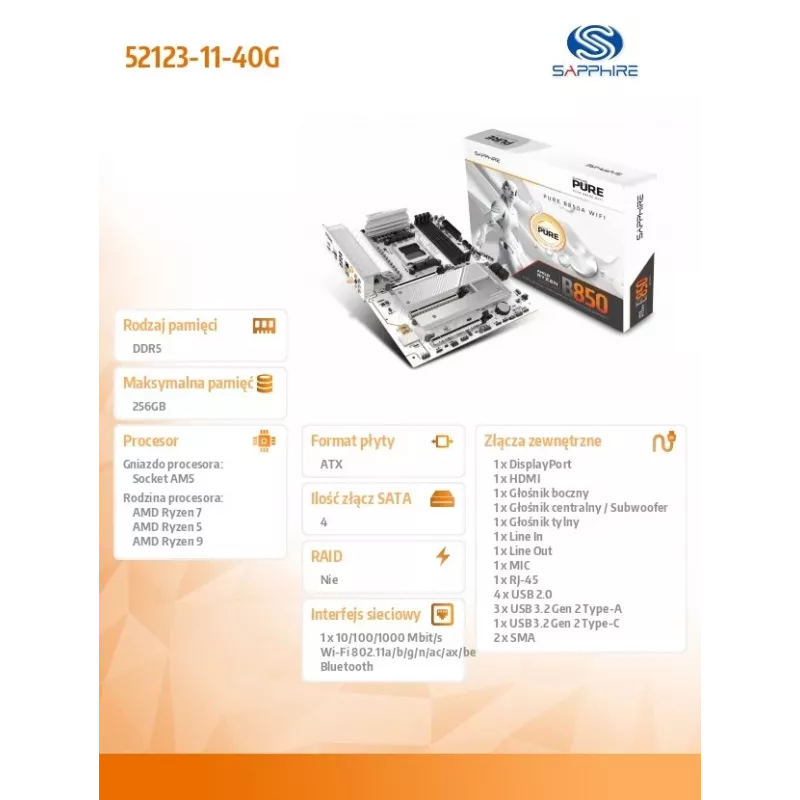 Mainboard Sapphire PURE B850A WIFI7 ATX — B850-Chipsatz, Wi‑Fi 7, DDR4-Unterstützung