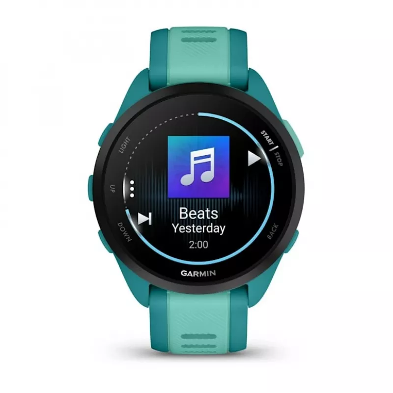 Smartwatch GARMIN Forerunner 165 Music — 43 mm Polymergehäuse, 1,2 Zoll AMOLED, 4 GB, GPS/GLONASS/Galileo, 5 ATM