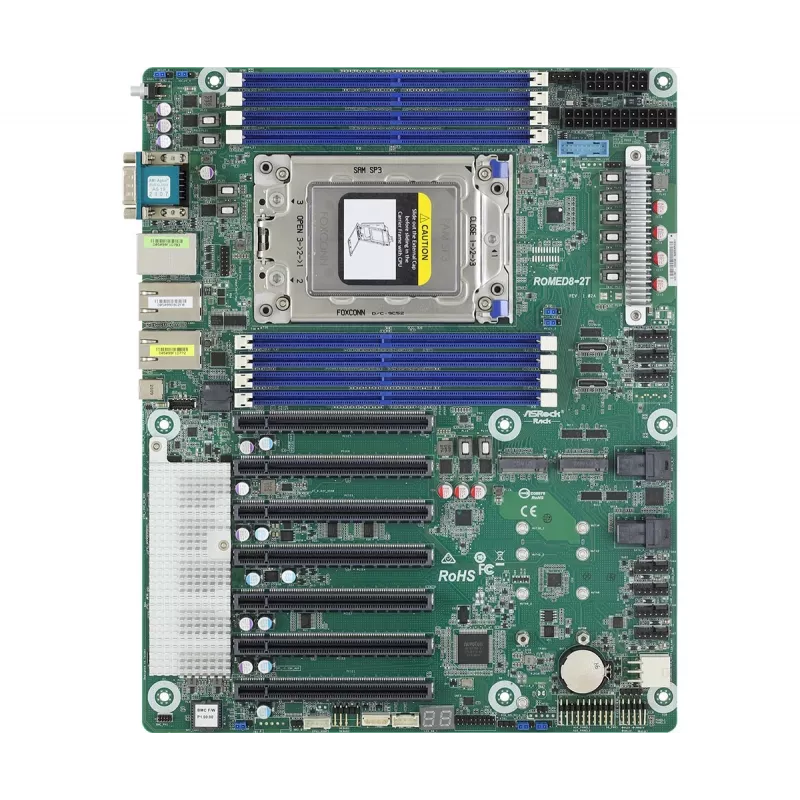 Motherboard ASRock ROMED8-2T ATX für AMD EPYC LGA 4094, 8× DDR4 DIMM, Octa‑Channel, 2× M.2, 8× SATA III, 10GbE, 3× RJ‑45