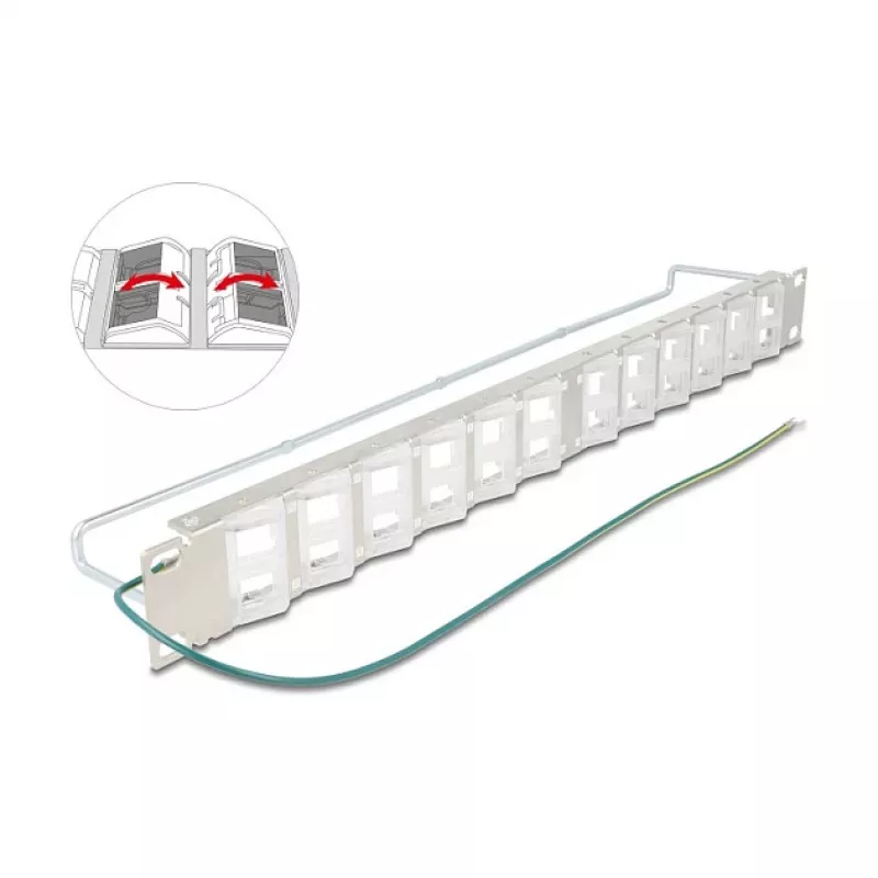 Patchpanel 19 Zoll DELOCK 24-Port Keystone, neigbare Ports, Zugentlastung, 1U metallisch