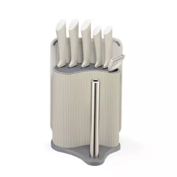 Messer-Besteckset Maestro MR-1413-Grau – 8-teilig, Edelstahlklingen, graue Griffe, enthält Kochmesser, Brotmesser, Schneidemesser, Universalmesser, Schälmesser, Sparschäler, Schneidebrett, Küchenpapierhalter