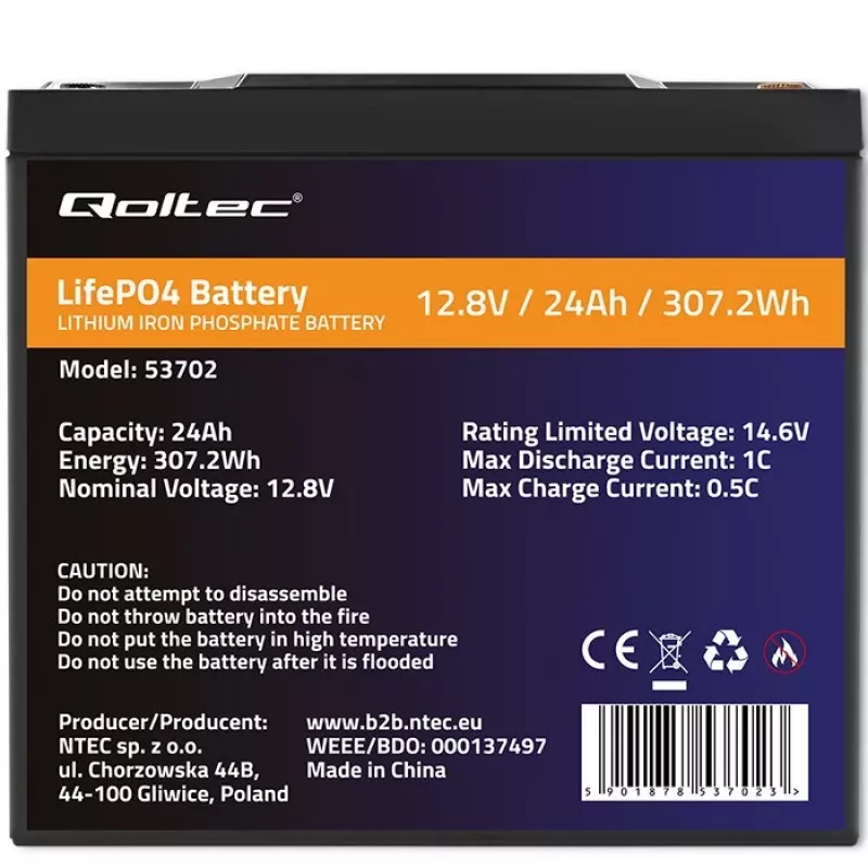 Qoltec 53702 LiFePO4 Lithium-Eisenphosphat-Akku | 12,8V | 24Ah | 307,2Wh | BMS