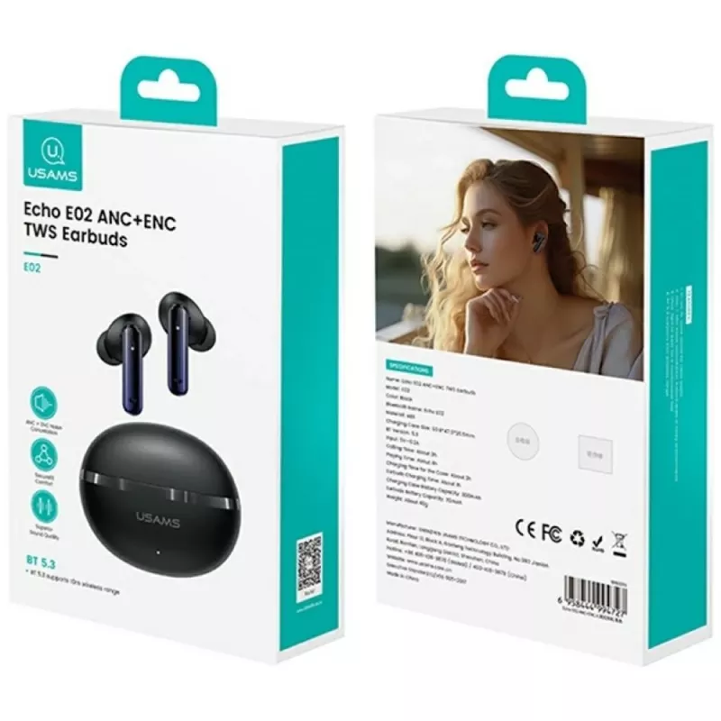 Bluetooth-Kopfhörer Usams TWS E02 ANC+ENC schwarz