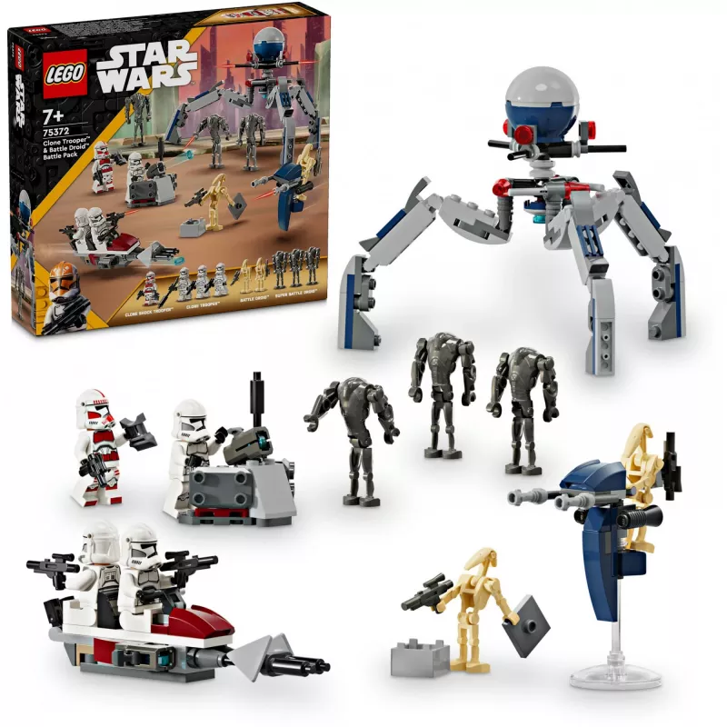 LEGO Star Wars Clone Trooper & Battle Droid Battle Pack Bau-Spielzeug für Kinder mit Speeder Bike Fahrzeug, 4 Minifiguren und 5 Figuren, Geschenk für Jungen