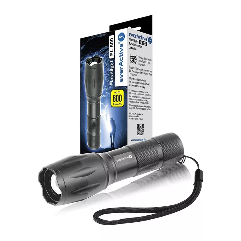 Taschenlampe everActive FL600 — 600 lm, 10 W, Aluminiumgehäuse, IPX4, 130 mm, 3×AAA, rot