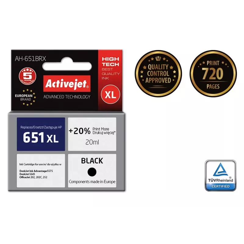 Activejet AH-651BRX Tinte (Ersatz für HP 651 C2P10AE; Premium; 20 ml; schwarz)