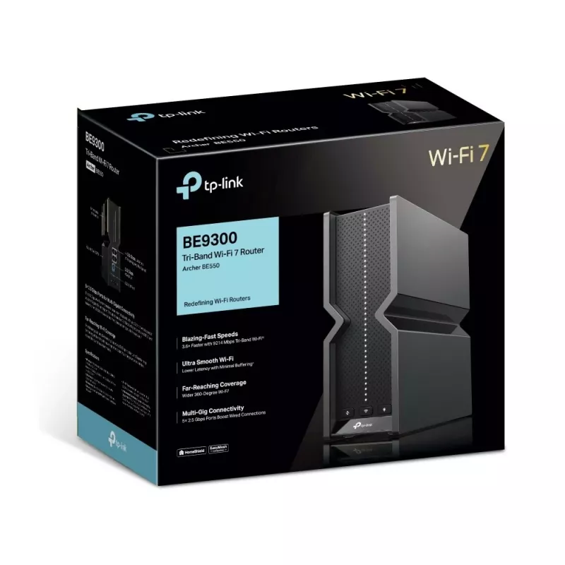 TP-Link Archer BE9300 Tri-Band-Wi-Fi-7-Router, Wi-Fi 7 (802.11be), Tri-Band (2.4 GHz / 5 GHz / 6 GHz), Ethernet LAN, Schwarz, Tischrouter