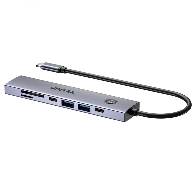 USB-C-Hub Unitek H1124AGY01 mit 100W PD, HDMI 2.0, 2x USB‑A, 2x USB‑C, SD/microSD-Kartenleser — Aluminium
