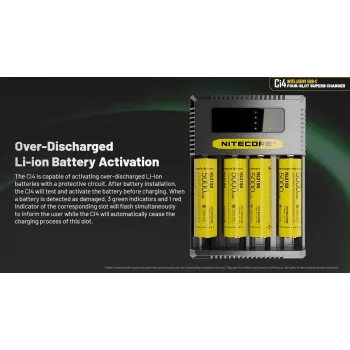 Batterieladegerät Nitecore Ci4 — universelles USB-Ladegerät für Lithium‑Ionen / NiCd / NiMH, 5/9/12V Eingang, 3A, Kunststoff, 0,1914 kg