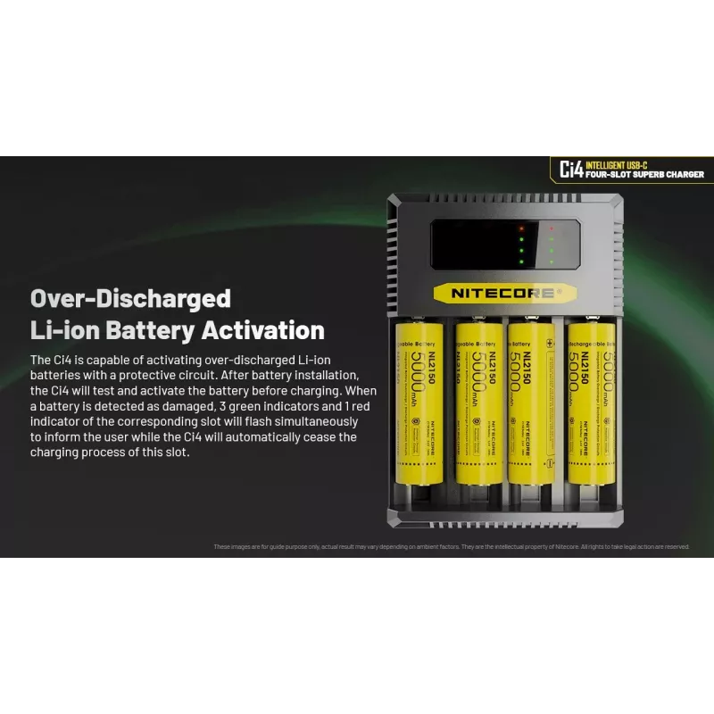 Batterieladegerät Nitecore Ci4 — universelles USB-Ladegerät für Lithium‑Ionen / NiCd / NiMH, 5/9/12V Eingang, 3A, Kunststoff, 0,1914 kg