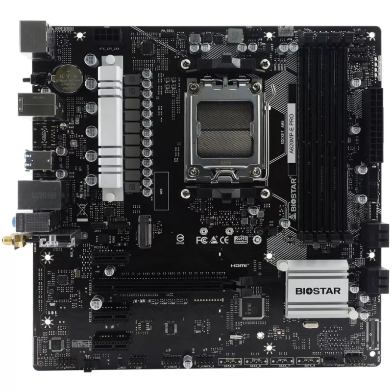 Motherboard BIOSTAR A620MP-E PRO — AMD A620 microATX, Sockel AM5, DDR5, 4 DIMM, max. 128 GB, 2,5Gb LAN
