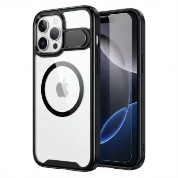 GUAN Schutzhülle für Apple iPhone 16 Plus mit 10H-Sicherheitsglas und Ständer, transparente Rückseite mit schwarzem Rahmen