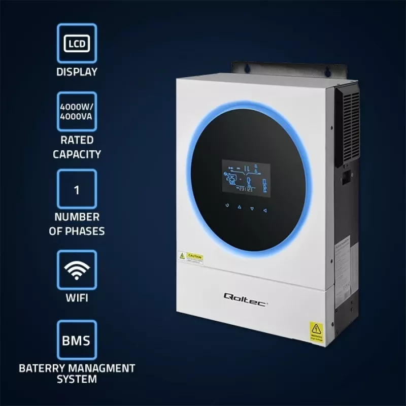 Qoltec, Spannungswandler, Hybrid-Solar-Wechselrichter Off-Grid 4kVA 4kW 120A MPPT LCD Wi-Fi BMS Sinus