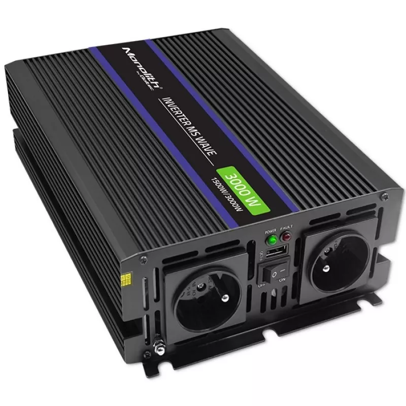 Wechselrichter QOLTEC Monolith 3000 MS Wave, 12V→230V, 1500/3000W, mit USB