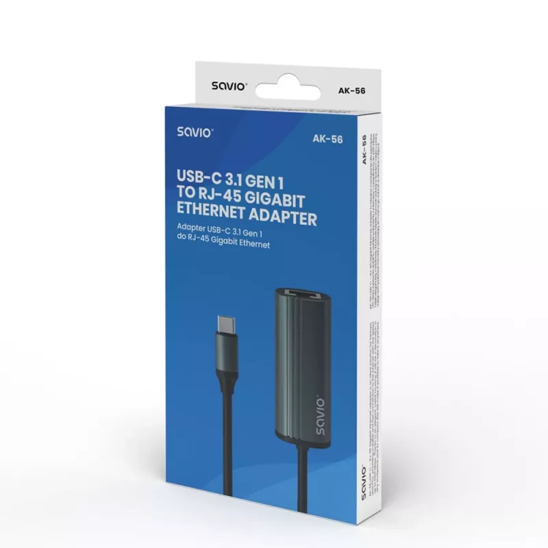 SAVIO Adapter USB-C 3.1 Gen.1 (M) auf RJ-45 Gigabit Ethernet (F), 1000 Mbps, AK-56, grau