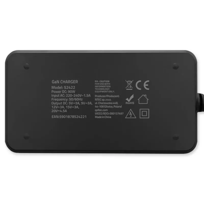 Qoltec 90W GaN Super Fast SLIM Wandladegerät | XP | 5-20V | 4,5A | USB-C 3.1 | Laptop | MacBook | Smartphone | + Kabel