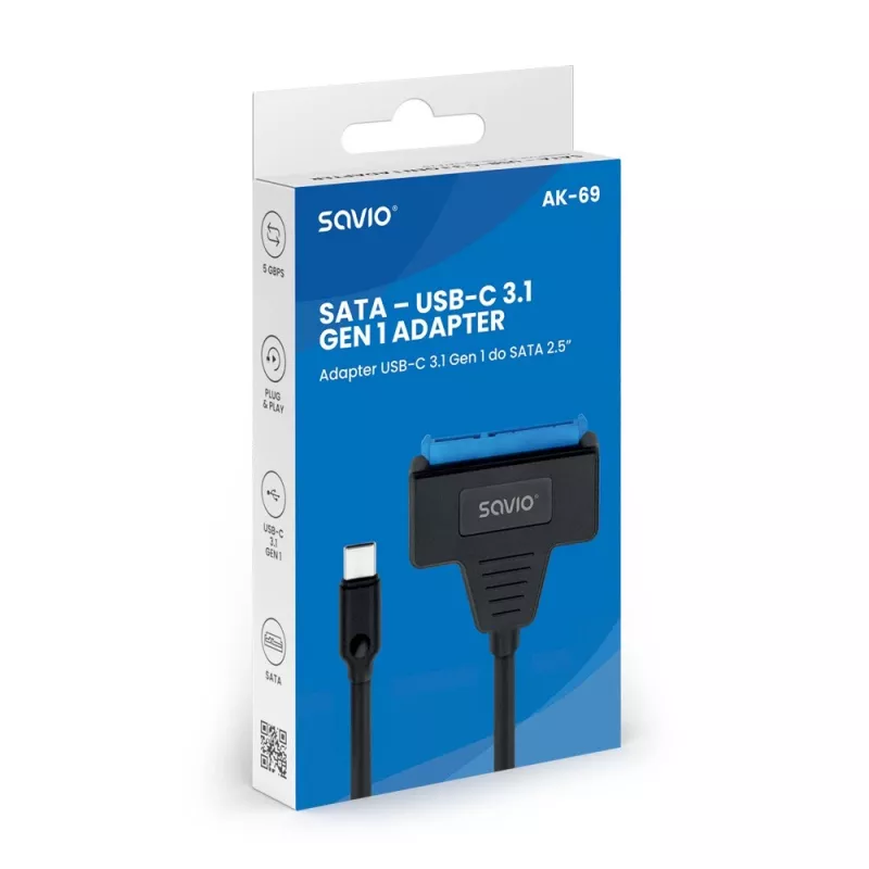 SAVIO SATA-zu-USB-C-Schnittstellenkabel AK-69, SATA-Buchse auf USB-C-Stecker, USB 3.2 Gen 1 (5 Gbit/s), 0,25 m, schwarz