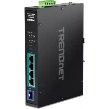 TRENDnet TI-PGM541 - Switch - -20 °C - 65 °C (-4 °F - 149 °F) - 4 x 10/100/1000 (PoE+) + 1 x Gigabit SFP - Hutschienenmontage, wandmontierbar - PoE+ (120 W) - DC