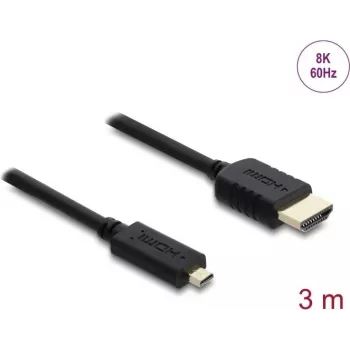 HDMI-Kabel DELOCK 81692 — 3 m, HDMI Typ A (Standard) auf HDMI Typ D (Micro), 48 Gbit/s, bis zu 7680×4320, vergoldete Kontakte, schwarz