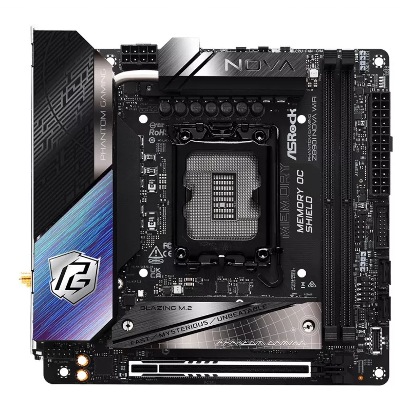 ASRock Phantom Gaming Z890I Nova WiFi Mainboard — Intel Z890, LGA 1851, Mini-ITX, DDR5, 2x M.2, Wi‑Fi 6E/7, 5Gb LAN, Thunderbolt