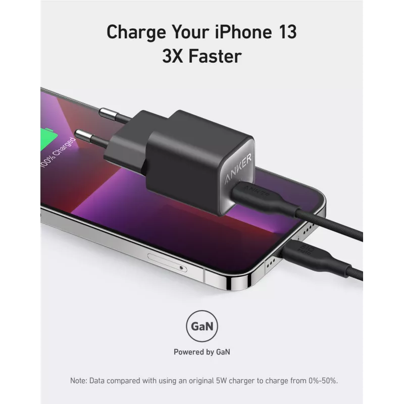 Indoor AC-Ladegerät Anker 511 Nano 3 — 30W, 1× USB-C, 100–240V, Schwarz