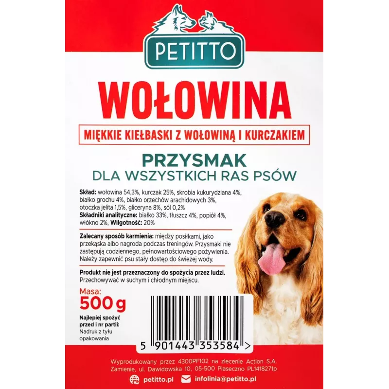 PETITTO Soft Rinderwürstchen 500 g – weiche Trainings-Snacks, 33 % Protein, 4 % Fett, gluten- und zuckerfrei