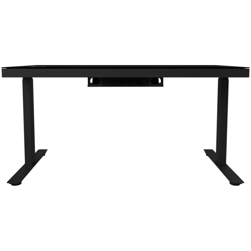 Höhenverstellbarer Gaming-Schreibtisch mit zwei Motoren, Sitz-/Stehfunktion, kabellosem Ladegerät, RGB-Beleuchtung, Bedienfeld und USB-Anschlüssen, Tischplatte aus gehärtetem Glas, schwarz