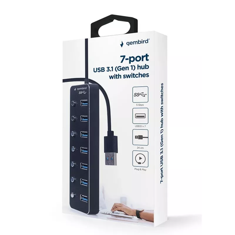 USB-Hub Gembird UHB-U3P7P-01, 7-Port USB 3.2 Gen 1 (Typ-A), 0,24 m Kabel, schwarz