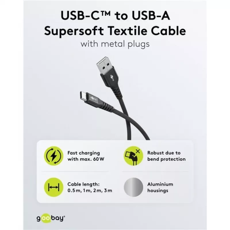 Goobay USB-C Kabel Fabric Supersoft mit Metallsteckern, 2 m, Schwarz (2m, USB 2.0, 60W), USB-Kabel