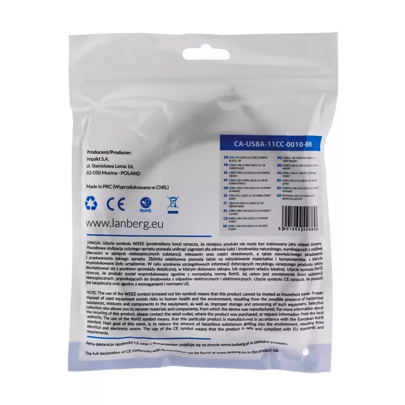 Lanberg CA-USBA-11CC-0010-BK USB-Kabel 1 m 2.0 USB B Schwarz