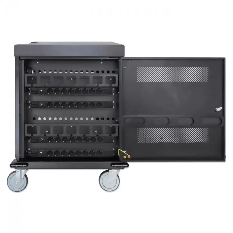 Manhattan Laptop-Ladewagen/-Trolley über AC-Adapter (EU) 32 Fächer, Installieren Sie den AC-Adapter (Netzkabel) des Geräts im Gerät, Geeignet für ALLE Laptops (bis 15,6 Zoll), iPads, MacBooks, Chromebooks, andere USB-C-Geräte, Fächer 380 x 30 x 280 mm, Schrank, Abschließbar