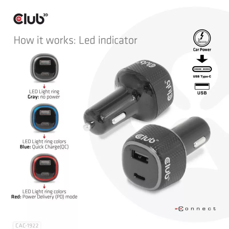 CLUB3D Notebook-/Laptop-Autoladegerät 63 Watt, Auto, Zigarettenanzünder, 24 V, Schwarz