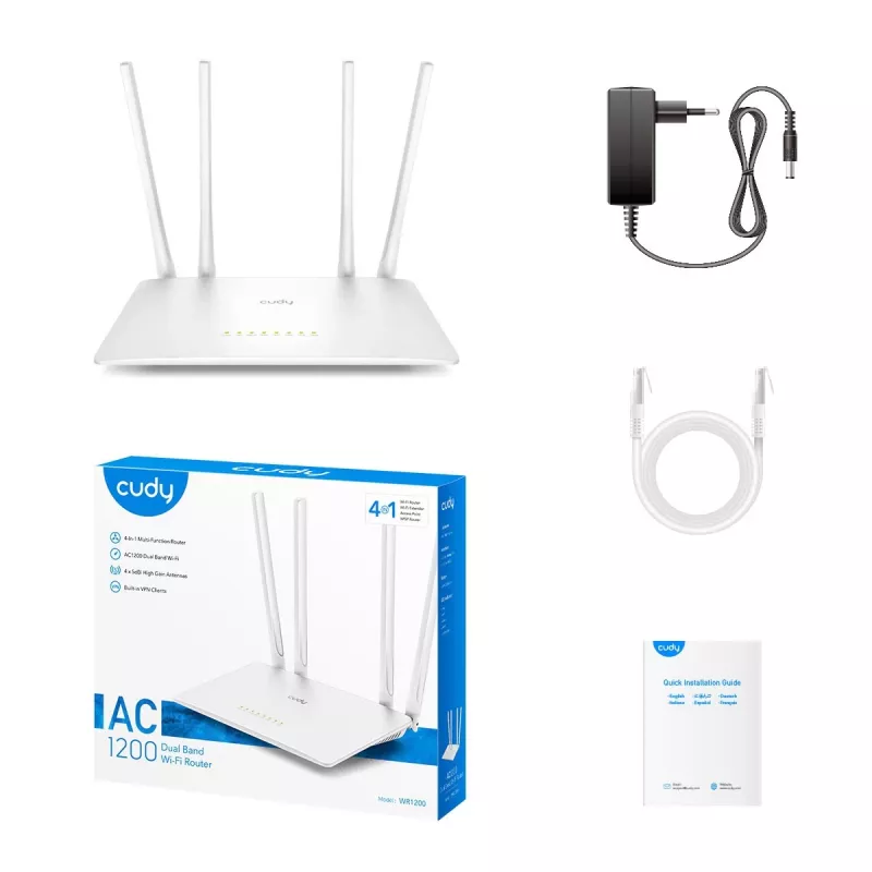 Tischrouter Cudy WR1200 Dualband Wi‑Fi 5 (802.11ac) 867 Mbit/s, 4x RJ‑45 LAN, Weiß