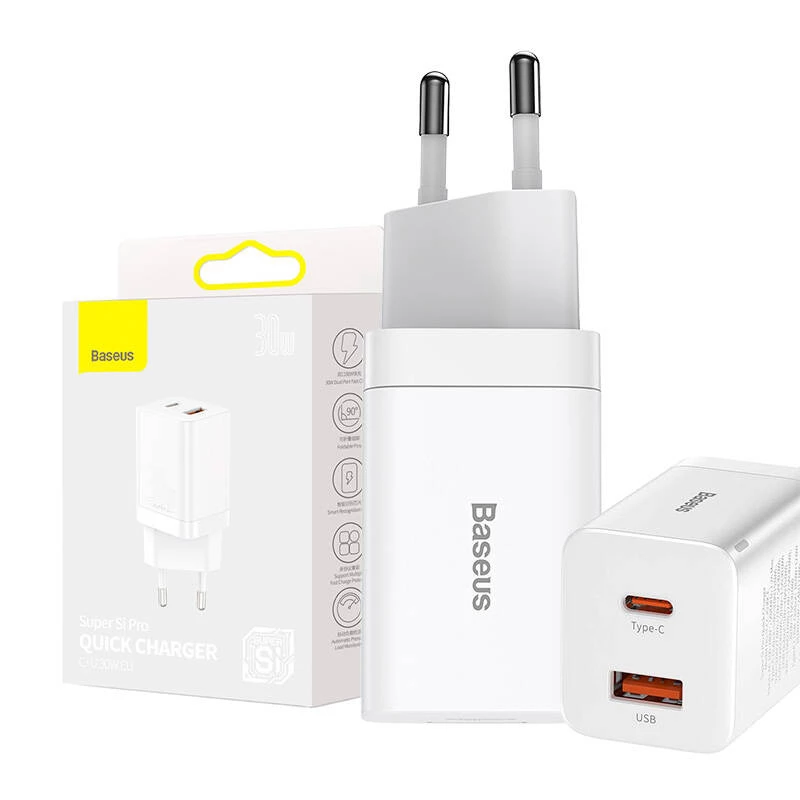 Baseus Super Si Pro Schnellladegerät USB + USB-C 30W (weiß)