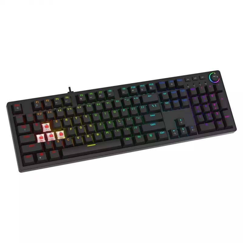 Gaming-Tastatur SAVIO STYX BROWN – mechanische Outemu Brown, QZERTY US International, RGB, USB, Full-Size 104 Tasten, schwarz