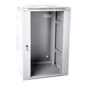 19 15U Wand-Netzwerkschrank 600x600, Glastür, grau, geteiltes Design, montiert, 60kg